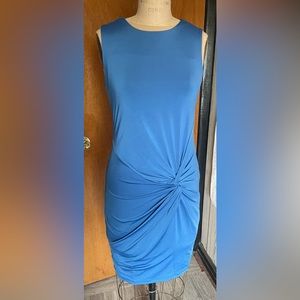 Peacock blue stretch zip back shirred dress